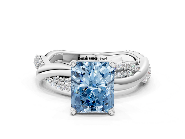 White gold Fancy Blue Radiant  Solitaire Twist Band with Pave Prong Setting