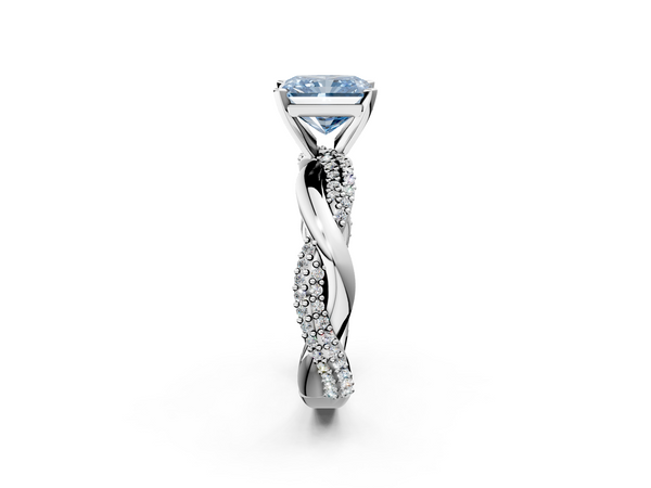 White gold Fancy Blue Radiant  Solitaire Twist Band with Pave Prong Setting