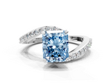 White gold Fancy Blue Radiant  Solitaire Twist Band with Pave Set Diamonds and Four-Prong Setting_141