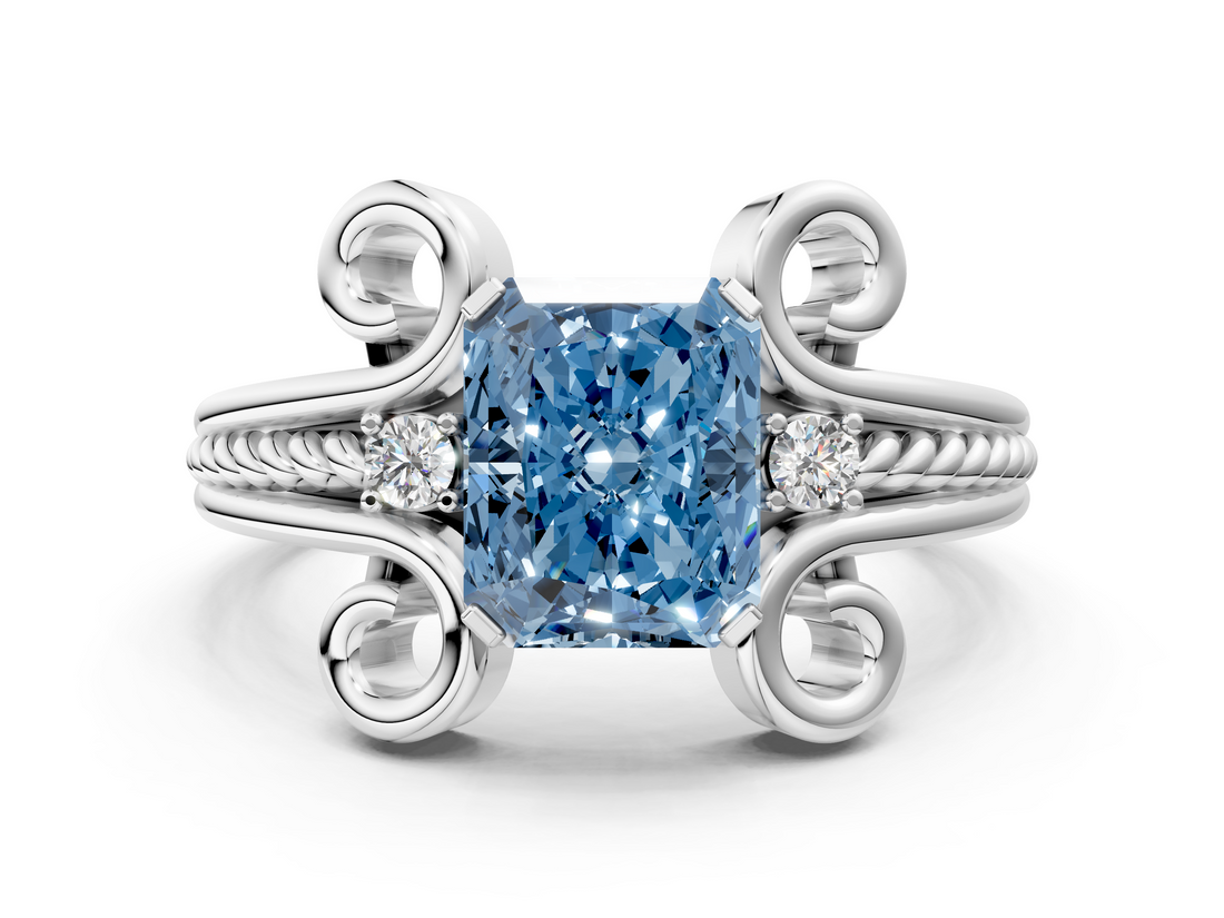 White gold Fancy Blue Radiant  Solitaire Twisted Band Scroll Prong Ring_3