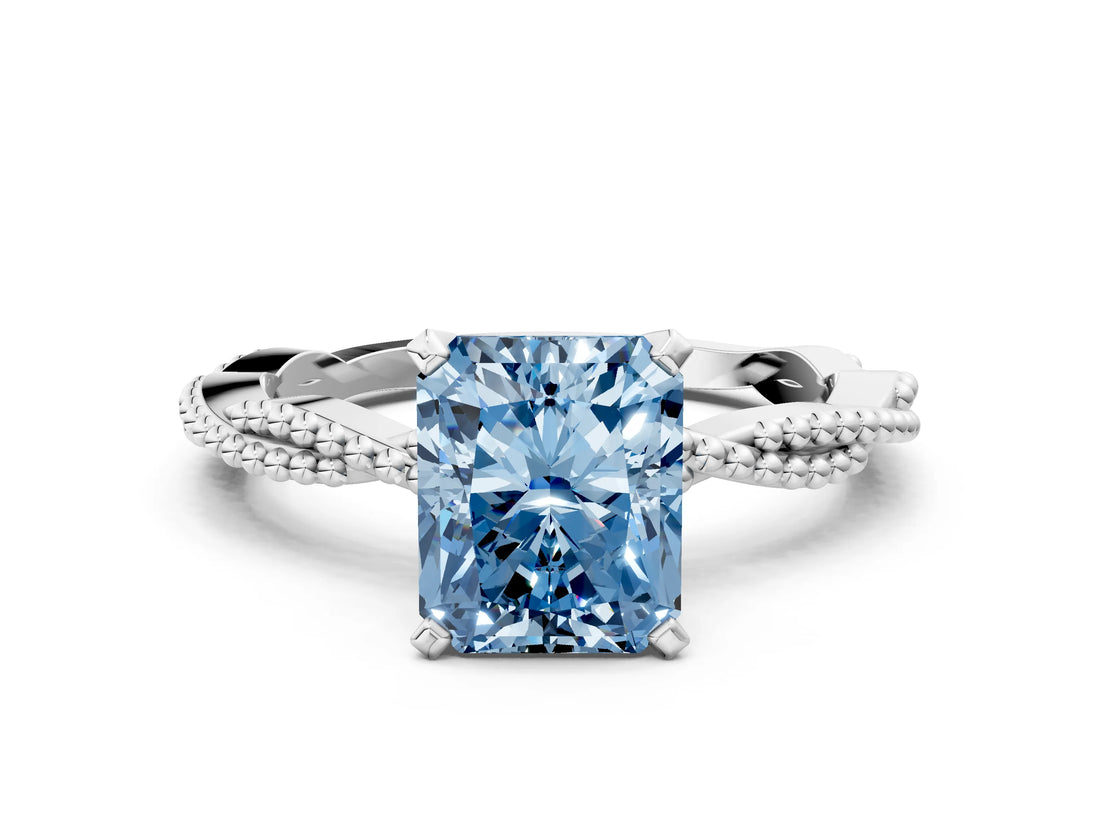 White gold Fancy Blue Radiant  Solitaire Twisted Band with Bead Prong Setting_357