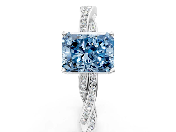 White gold Fancy Blue Radiant  Solitaire Twisted Pave Diamond Ring with Four-Prong Setting