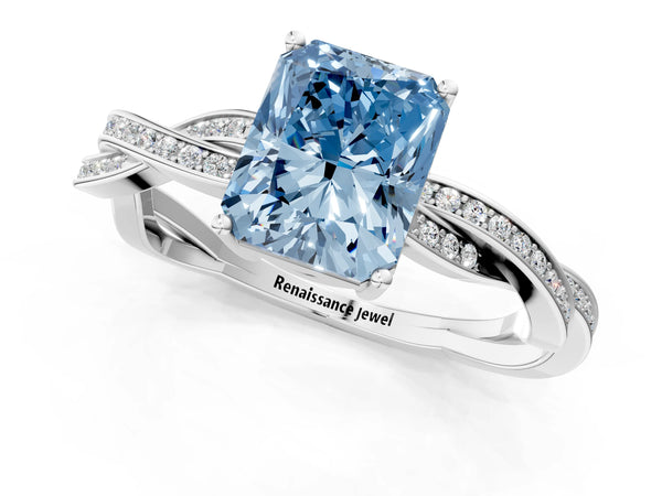 White gold Fancy Blue Radiant  Solitaire Twisted Pave Diamond Ring with Four-Prong Setting