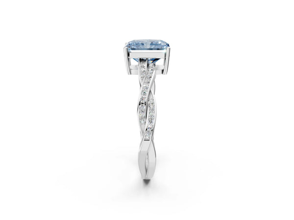 White gold Fancy Blue Radiant  Solitaire Twisted Pave Diamond Ring with Four-Prong Setting