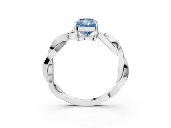 White gold Fancy Blue Radiant  Solitaire Twisted Pave Diamond Ring with Four-Prong Setting