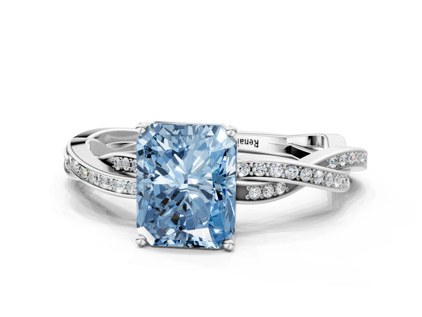 White gold Fancy Blue Radiant  Solitaire Twisted Pave Diamond Ring with Four-Prong Setting