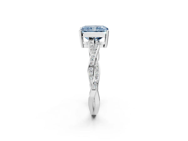 White gold Fancy Blue Radiant  Solitaire Twisted Pave Diamond Ring with Four-Prong Setting