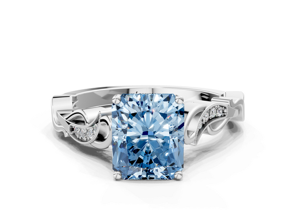White gold Fancy Blue Radiant  Solitaire Vine Band with Milgrain Prong Setting