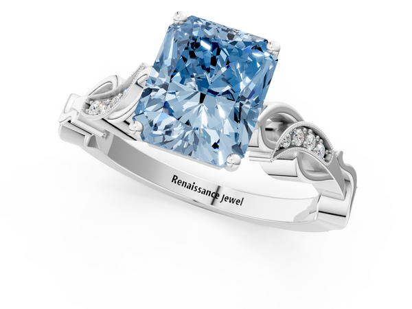 White gold Fancy Blue Radiant  Solitaire Vine Band with Milgrain Prong Setting