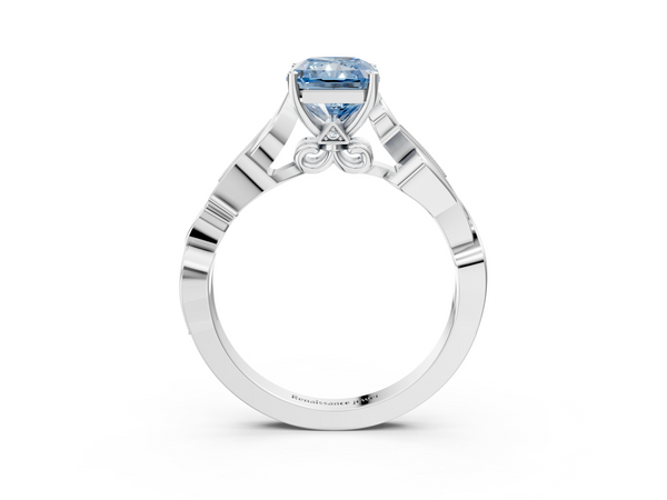 White gold Fancy Blue Radiant  Solitaire Vine Band with Milgrain Prong Setting