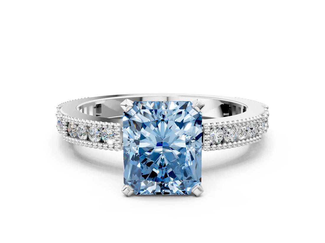 White gold Fancy Blue Radiant  Solitaire with Pavé Band and Four-Prong Setting_307