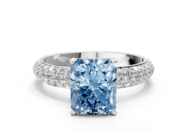 Platinum Fancy Blue Radiant  Diamond Solitaire Ring with Prong Setting and Pavé Band