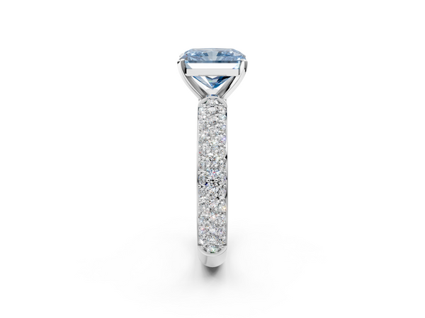 Platinum Fancy Blue Radiant  Diamond Solitaire Ring with Prong Setting and Pavé Band