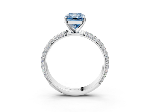 Platinum Fancy Blue Radiant  Diamond Solitaire Ring with Prong Setting and Pavé Band
