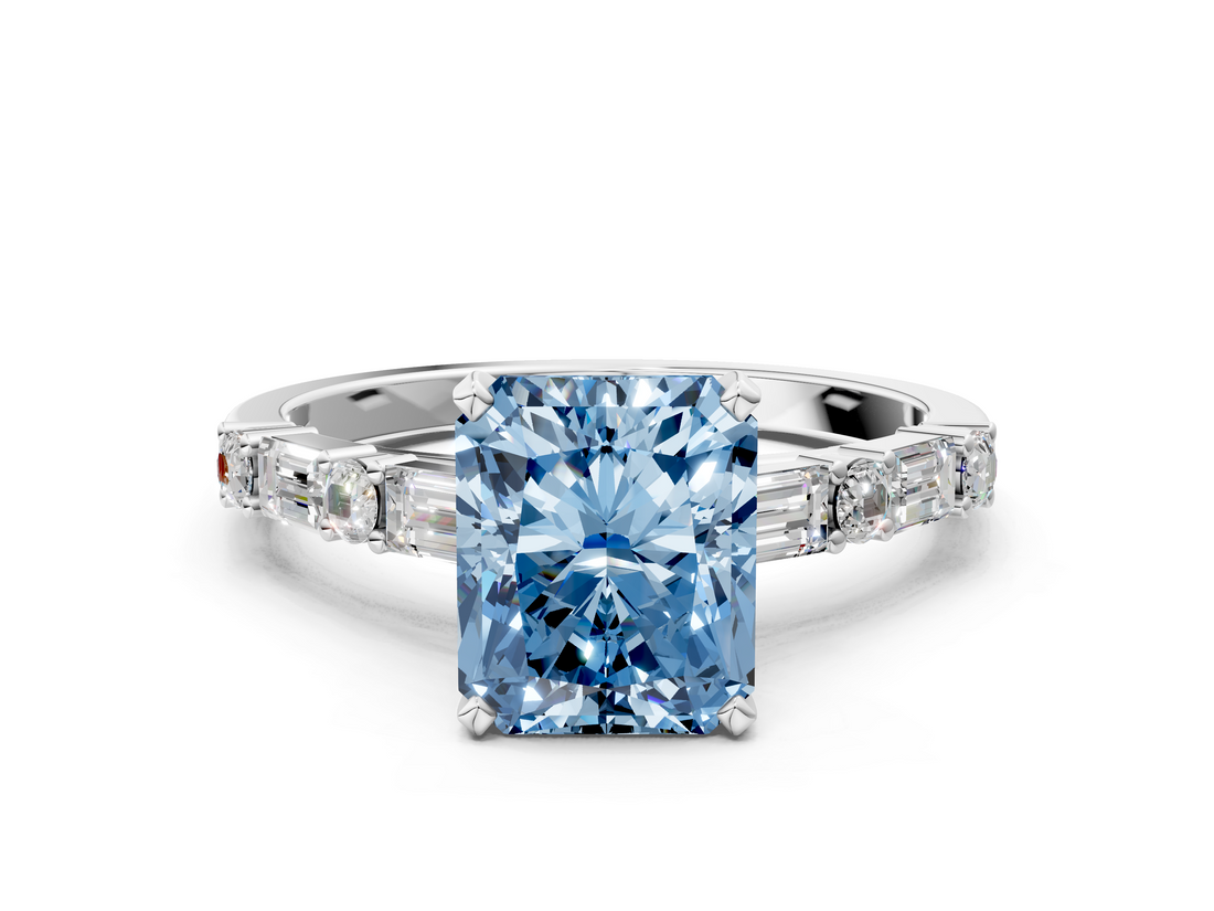 White gold Fancy Blue Radiant  Solitaire with Side Baguettes and Channel Set Band_117
