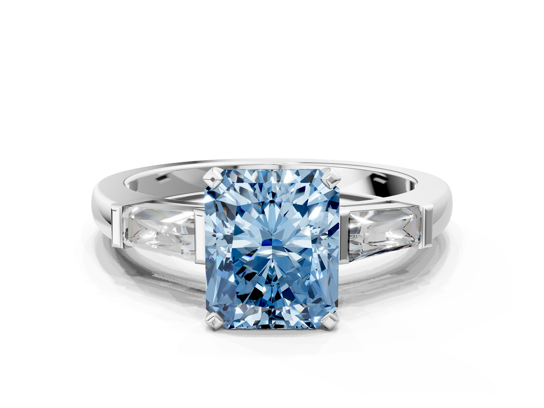 White gold Fancy Blue Radiant  Solitaire with Tapered Baguette Side Stones on a Classic Band with Four-Prong Setting_104