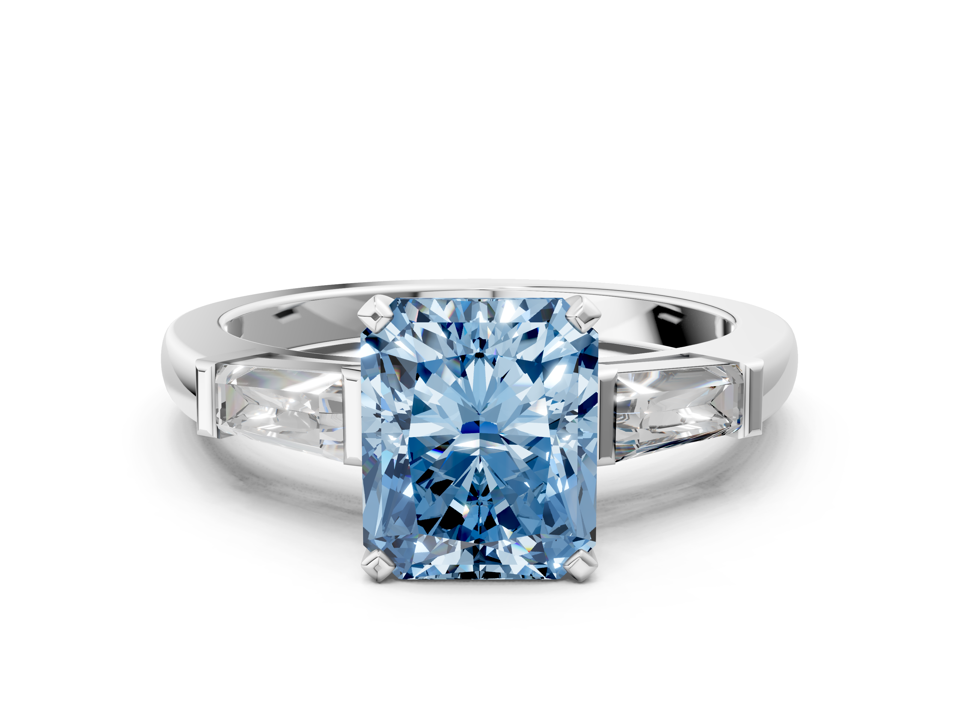 White gold Fancy Blue Radiant  Solitaire with Tapered Baguette Side Stones on a Classic Band with Four-Prong Setting_70