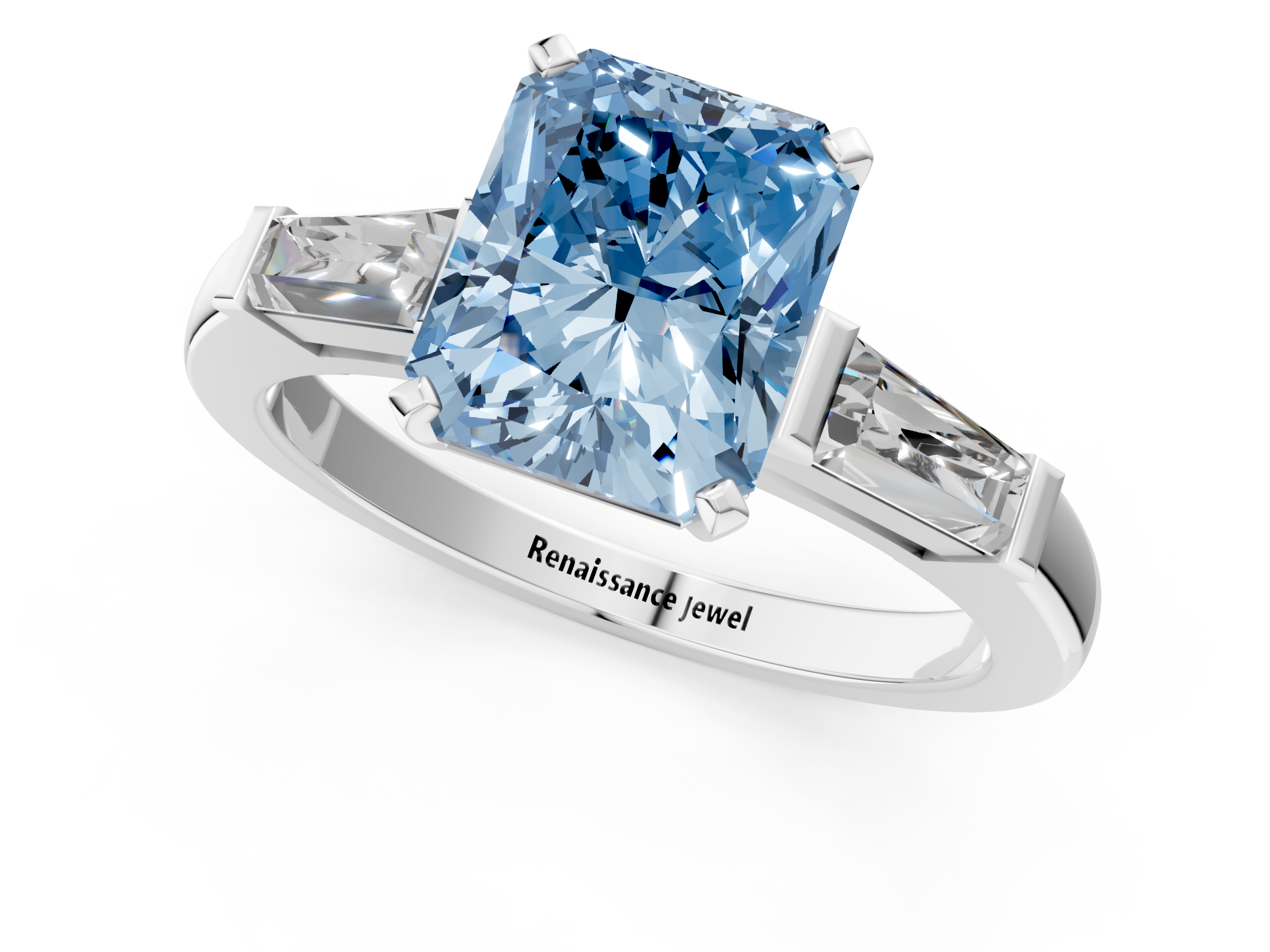 White gold Fancy Blue Radiant  Solitaire with Tapered Baguette Side Stones on a Classic Band with Four-Prong Setting_71
