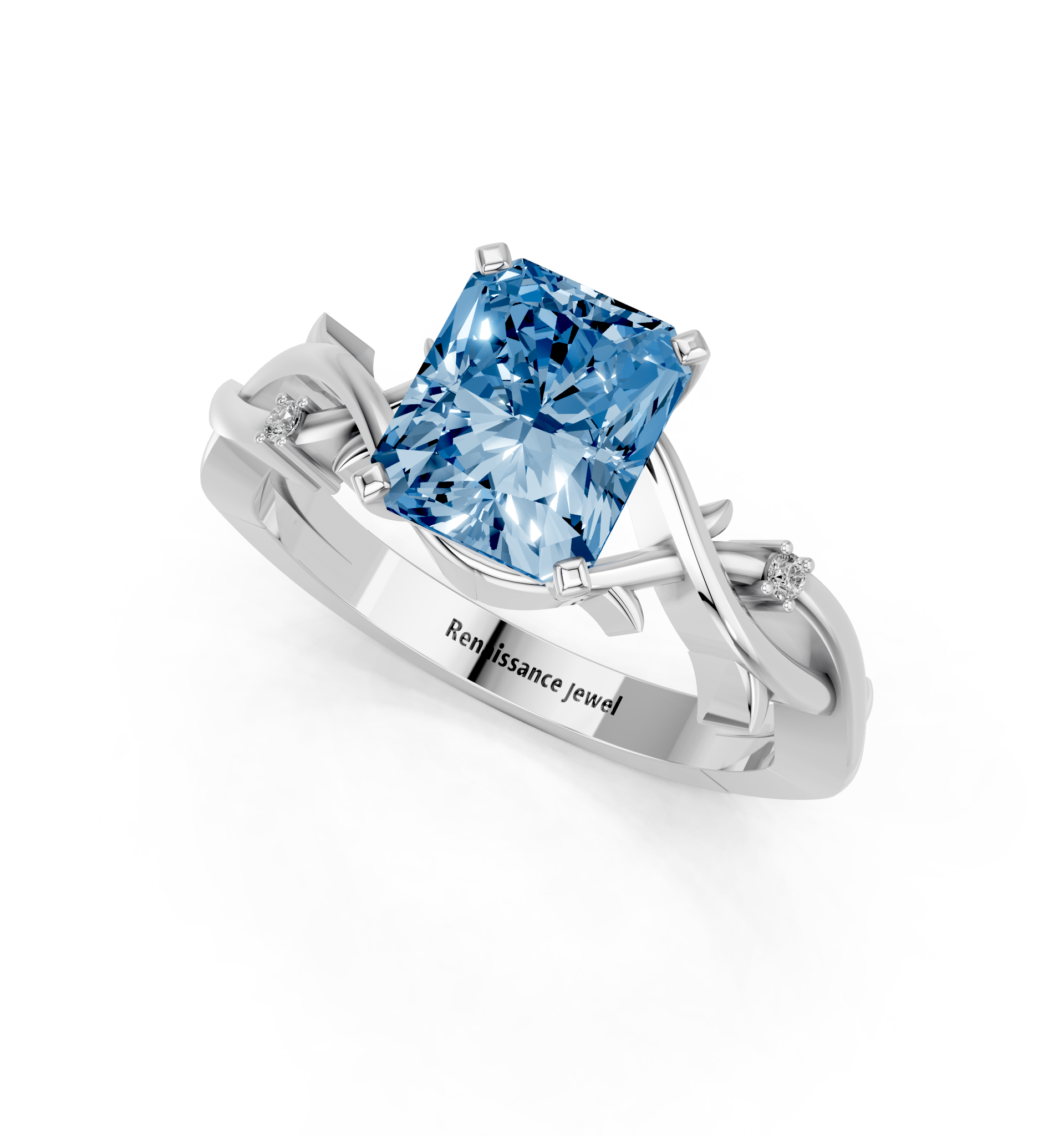 White gold Fancy Blue Radiant cut Solitaire Twisted Band Prong Setting Ring_7