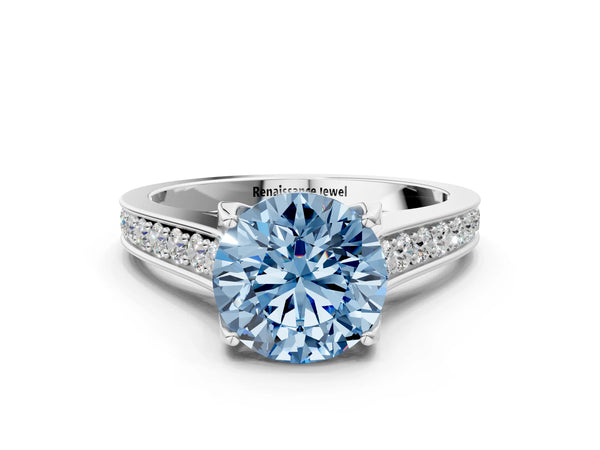 Platinum Fancy Blue Round  Brilliant Cut Diamond Engagement Ring with Pavé Band and Four-Prong Setting