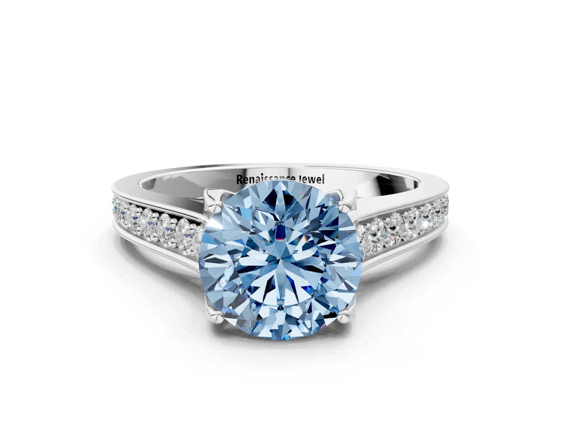 White gold Fancy Blue Round  Brilliant Cut Diamond Engagement Ring with Pavé Band and Four-Prong Setting_49