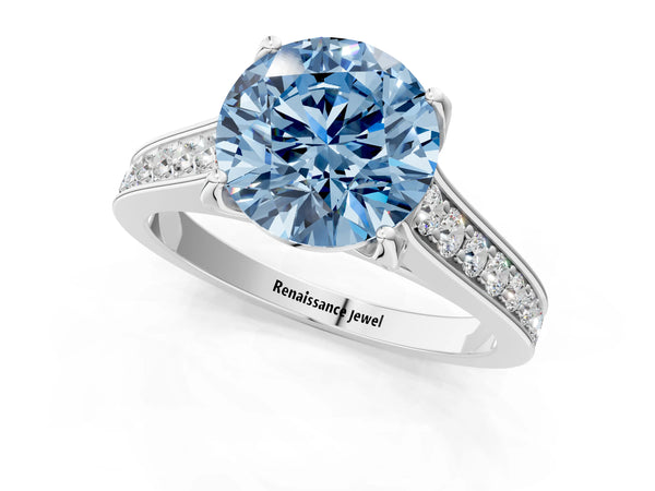 Platinum Fancy Blue Round  Brilliant Cut Diamond Engagement Ring with Pavé Band and Four-Prong Setting