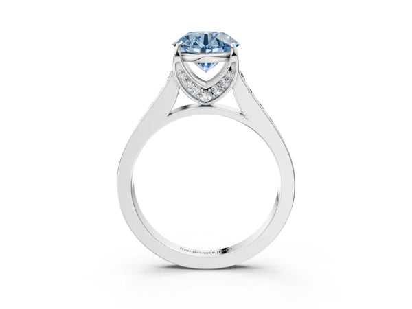 Platinum Fancy Blue Round  Brilliant Cut Diamond Engagement Ring with Pavé Band and Four-Prong Setting