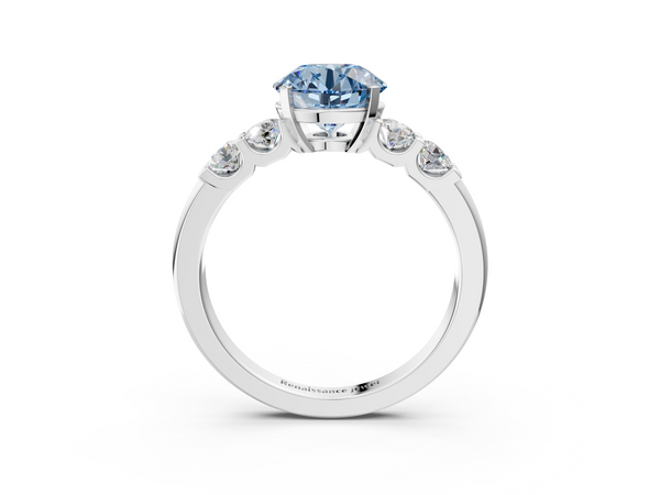 White gold Fancy Blue Round  Brilliant Cut Diamond Five-Stone Prong Set Engagement Ring with Channel Band