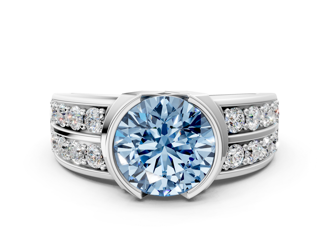 White gold Fancy Blue Round  Brilliant Diamond Channel Set Wide Band Ring with Bezel Setting_20