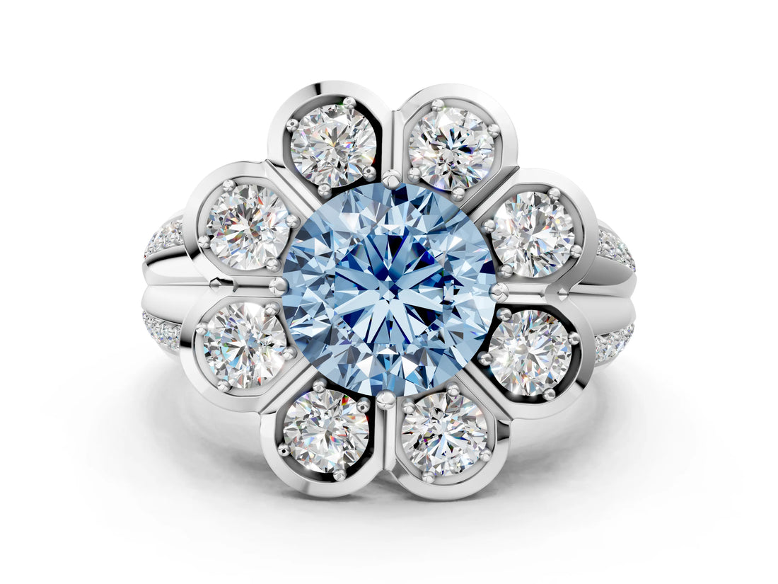 White gold Fancy Blue Round  Brilliant Flower Halo Diamond Split Shank Ring_51
