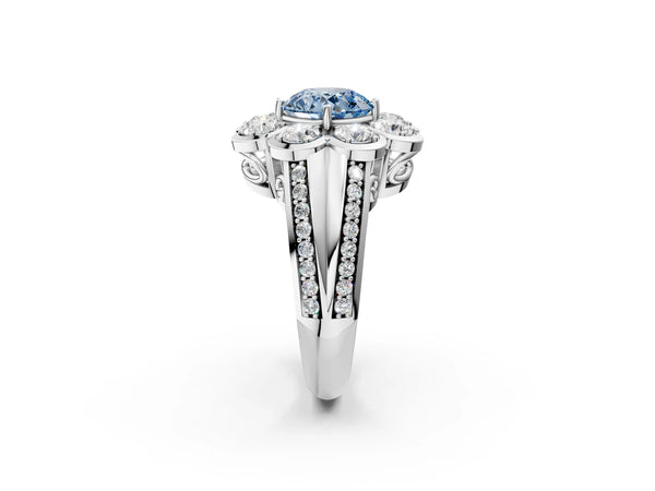 White gold Fancy Blue Round  Brilliant Flower Halo Diamond Split Shank Ring