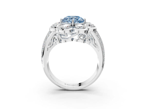 White gold Fancy Blue Round  Brilliant Flower Halo Diamond Split Shank Ring