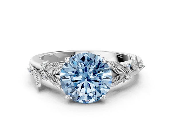 Platinum Fancy Blue Round Cut Diamond Solitaire Ring with Leaf Motif Band and Four-Prong Setting