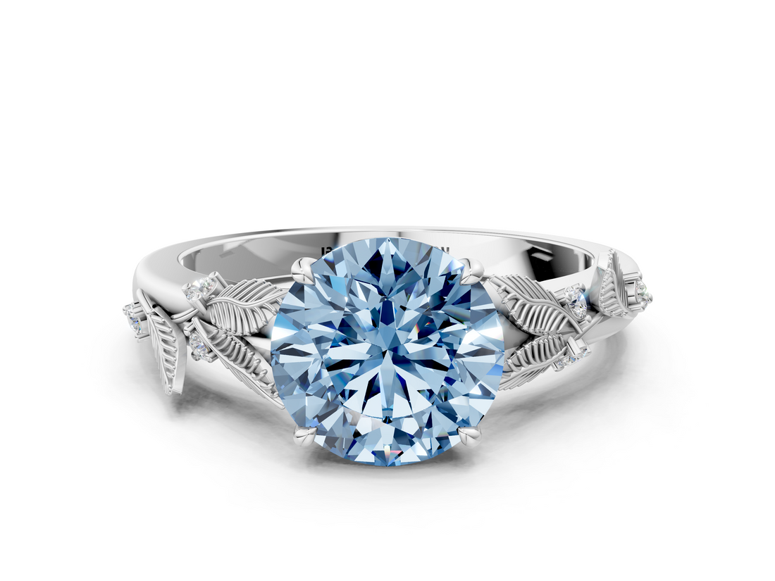 White gold Fancy Blue Round  Brilliant Solitaire with Leaf Motif Band and Four-Prong Setting_62