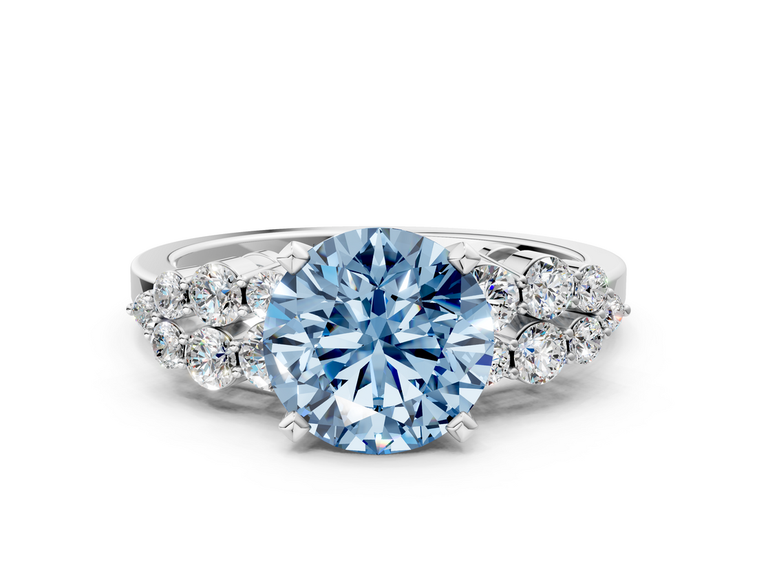 White gold Fancy Blue Round  Cluster Diamond Engagement Ring with Pavé Band and Four-Prong Setting_32