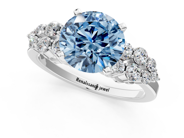 Platinum Fancy Blue Round  Cluster Diamond Engagement Ring with Pavé Band and Four-Prong Setting