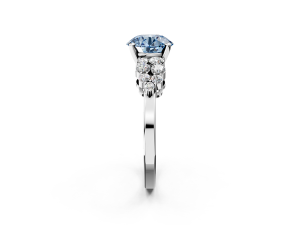 Platinum Fancy Blue Round  Cluster Diamond Engagement Ring with Pavé Band and Four-Prong Setting