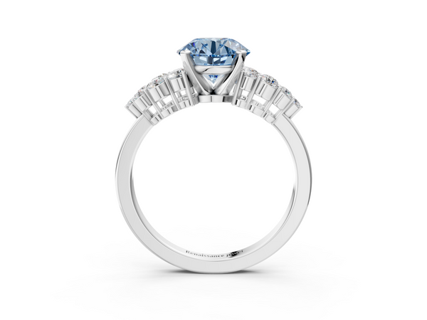 Platinum Fancy Blue Round  Cluster Diamond Engagement Ring with Pavé Band and Four-Prong Setting