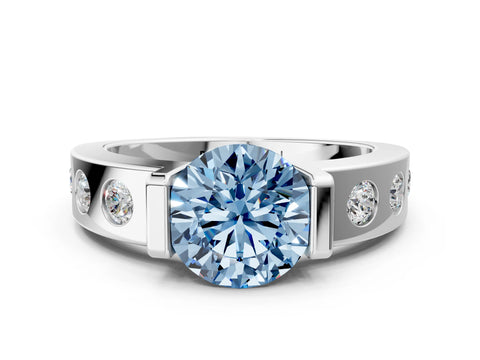 White gold Fancy Blue Round Cut Brilliant Channel-Set Diamond Ring with Bezel Prong Setting_12