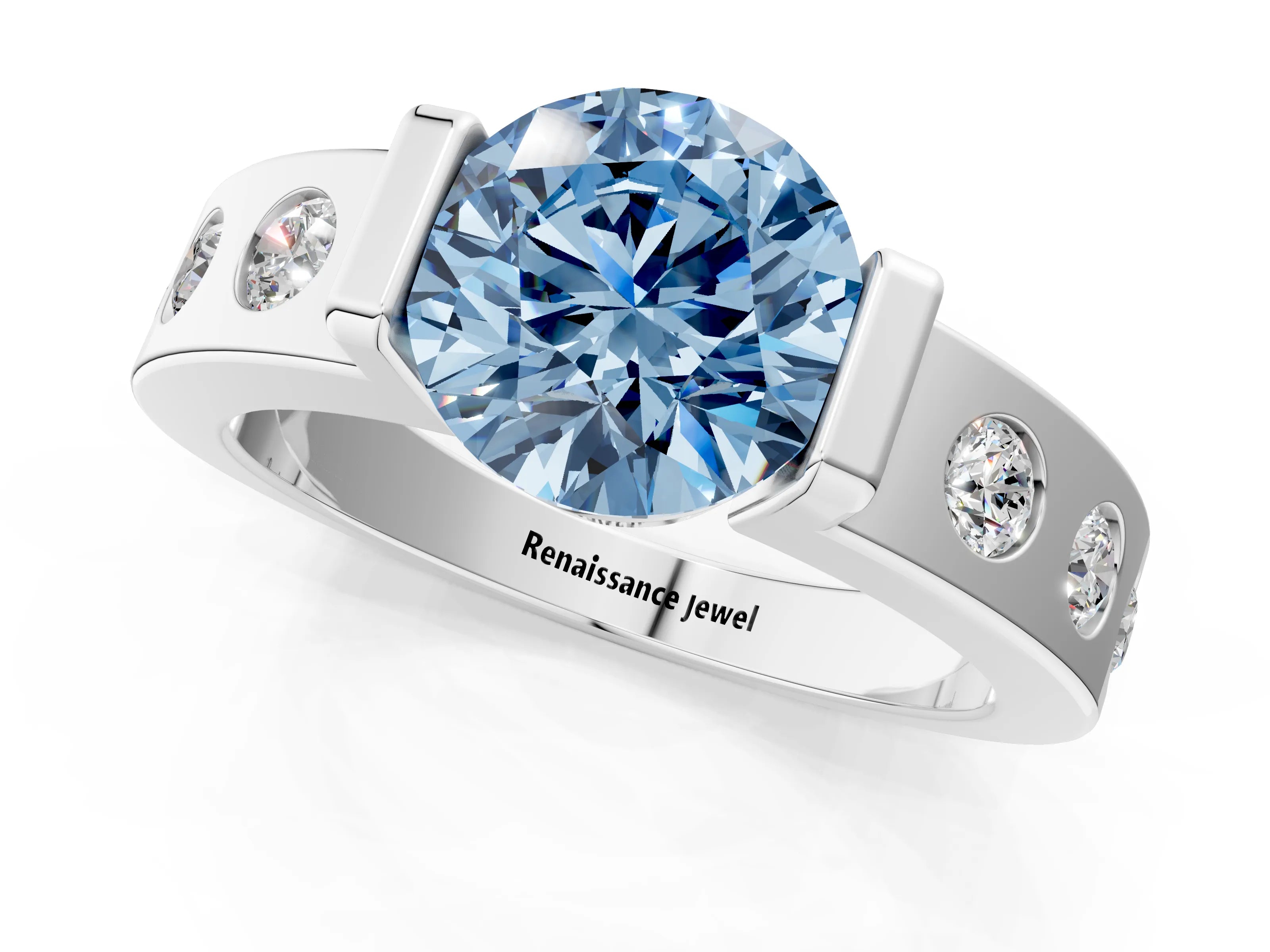 White gold Fancy Blue Round Cut Brilliant Channel-Set Diamond Ring with Bezel Prong Setting_13