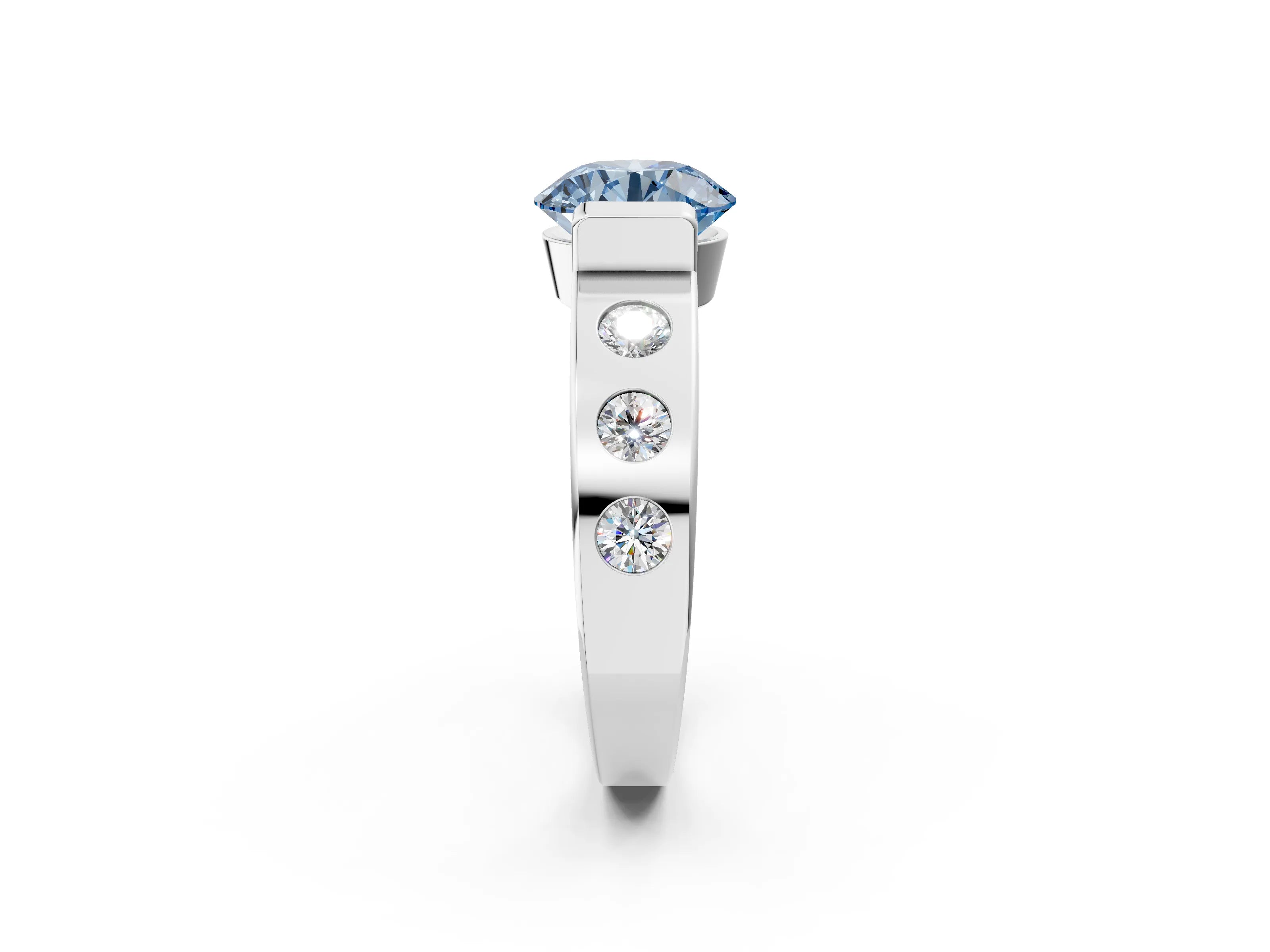 White gold Fancy Blue Round Cut Brilliant Channel-Set Diamond Ring with Bezel Prong Setting_14