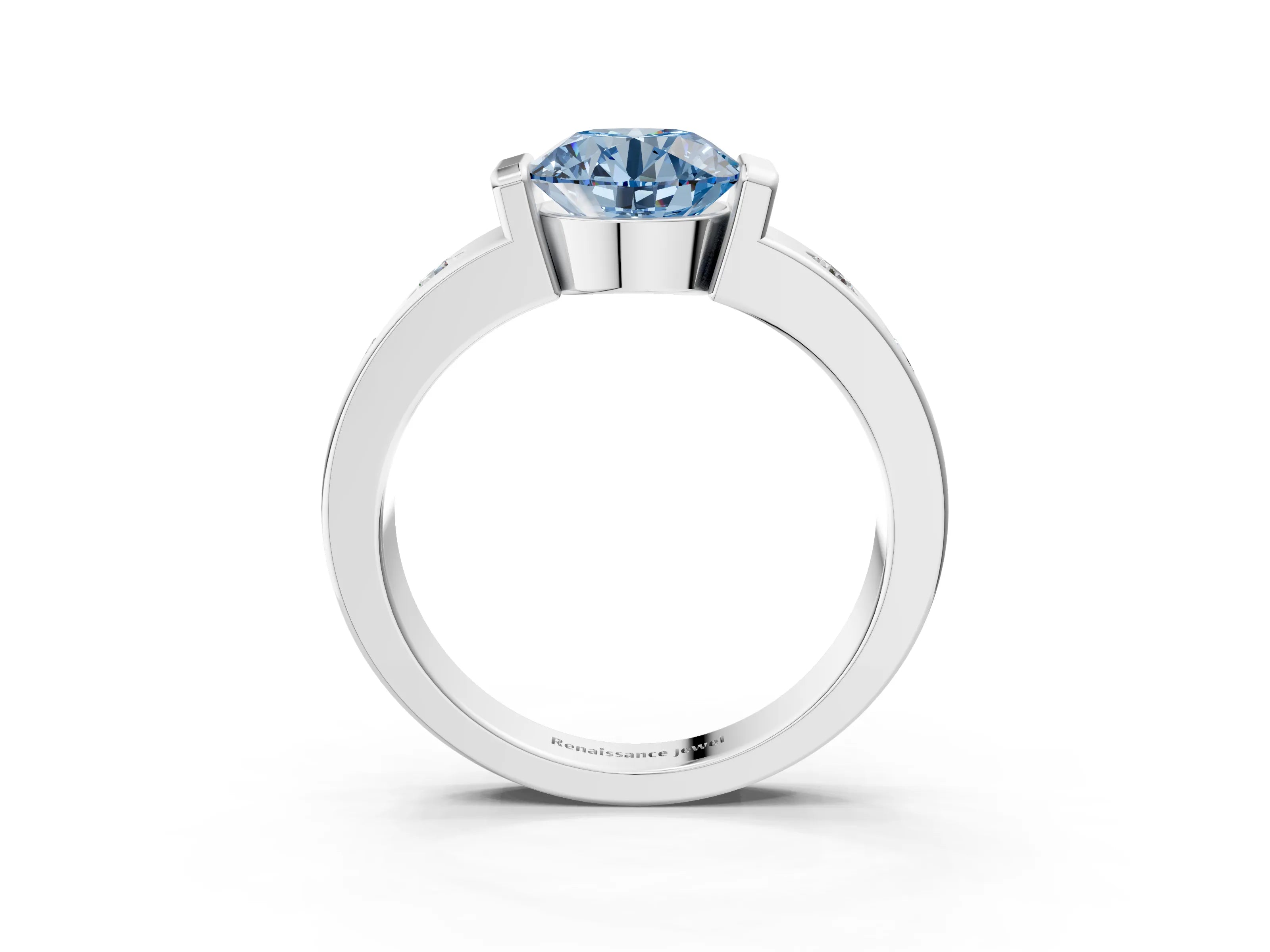 White gold Fancy Blue Round Cut Brilliant Channel-Set Diamond Ring with Bezel Prong Setting_15