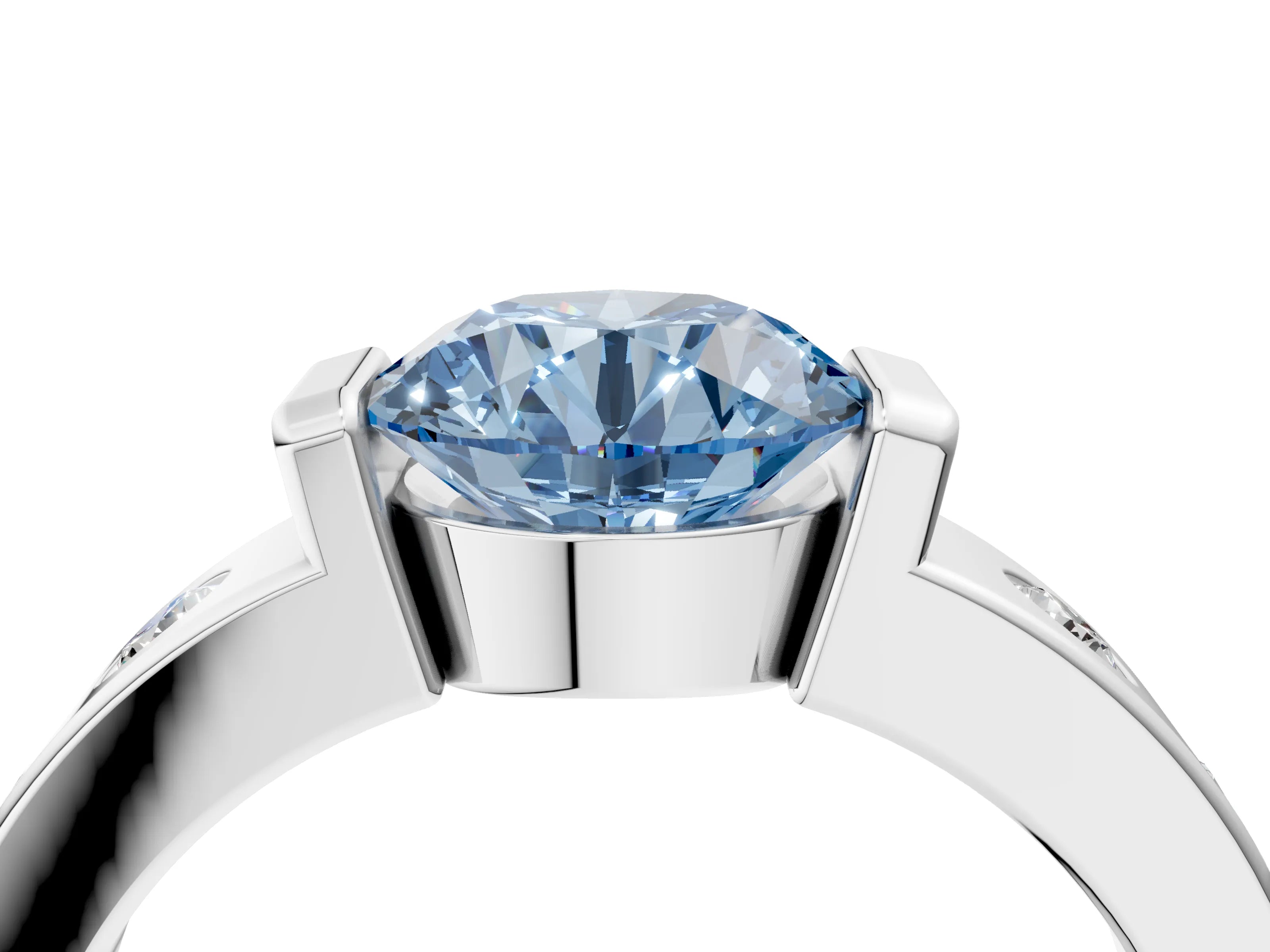 White gold Fancy Blue Round Cut Brilliant Channel-Set Diamond Ring with Bezel Prong Setting_16