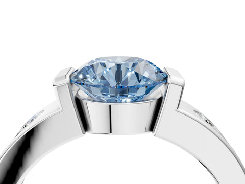 White gold Fancy Blue Round Cut Brilliant Channel-Set Diamond Ring with Bezel Prong Setting_16