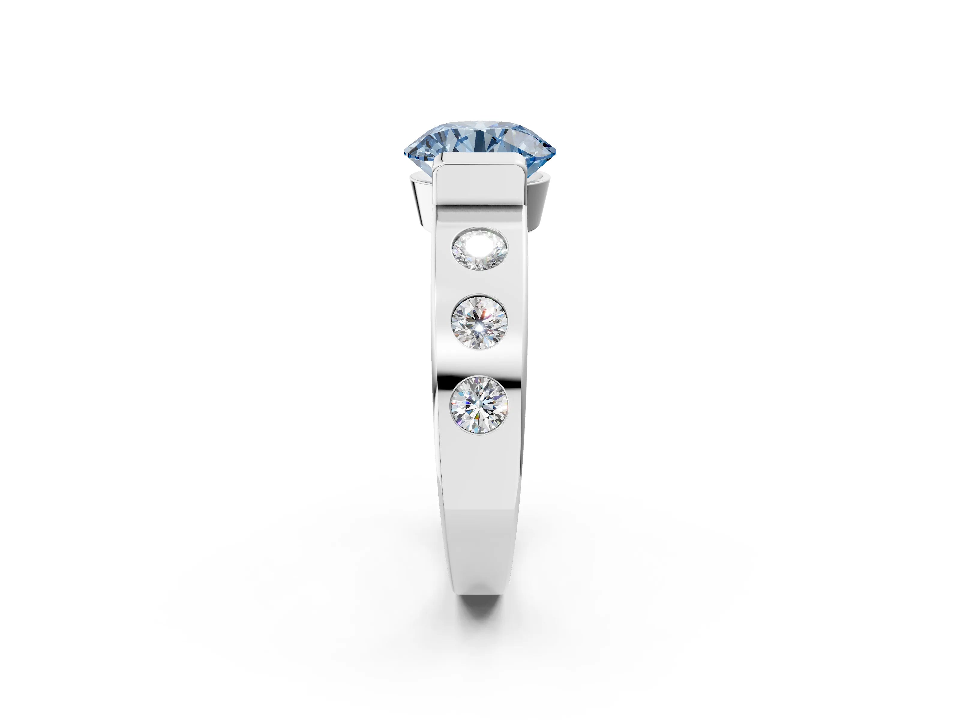White gold Fancy Blue Round Cut Brilliant Channel-Set Diamond Ring with Bezel Prong Setting_2