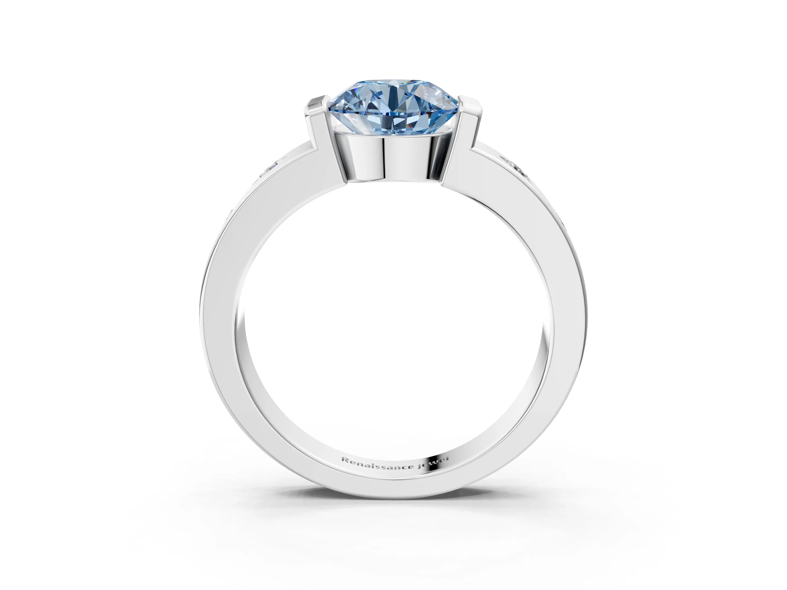 White gold Fancy Blue Round Cut Brilliant Channel-Set Diamond Ring with Bezel Prong Setting_3