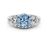 White gold Fancy Blue Round Cut Brilliant Diamond Cluster Accent Solitaire Ring with Prong Setting