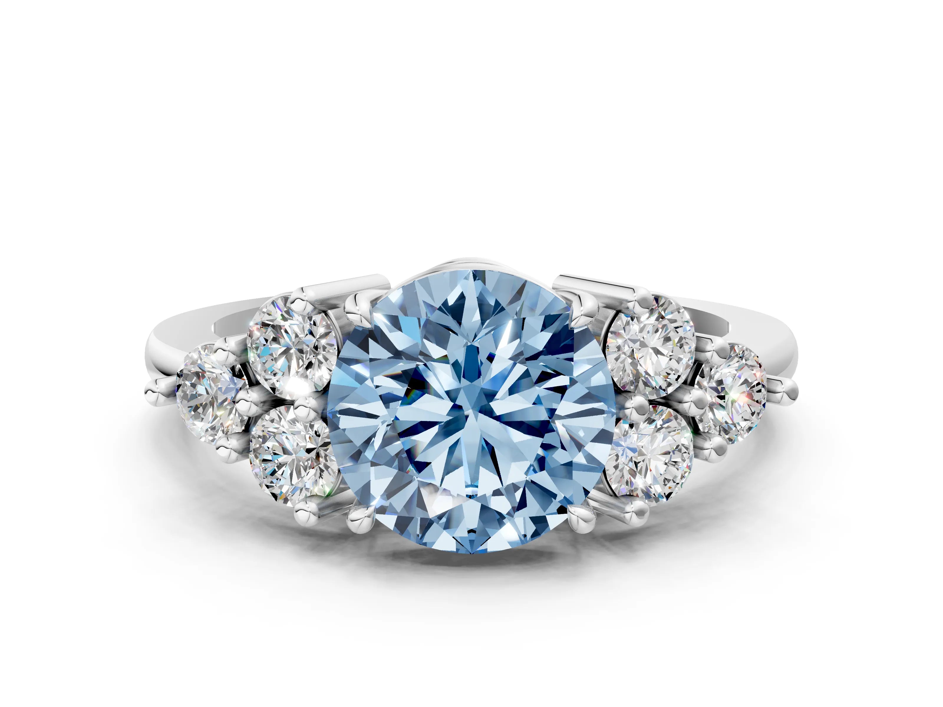 White gold Fancy Blue Round Cut Brilliant Diamond Cluster Accent Solitaire Ring with Prong Setting_18