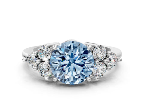 White gold Fancy Blue Round Cut Brilliant Diamond Cluster Accent Solitaire Ring with Prong Setting