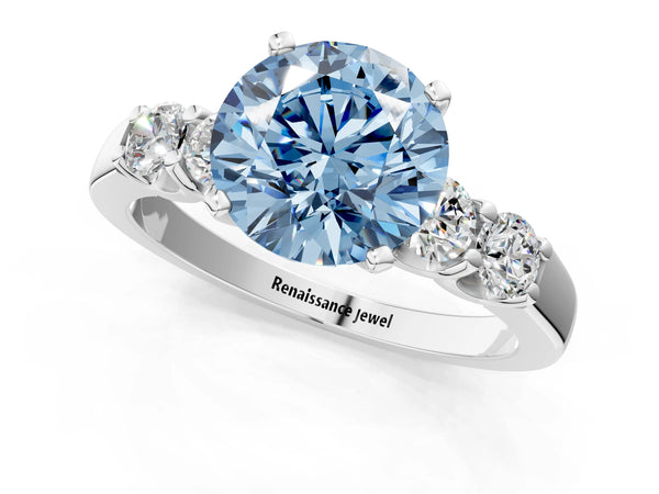 Platinum Fancy Blue Round Cut Brilliant Diamond Five-Stone Engagement Ring with Prong Setting on a Classic Band